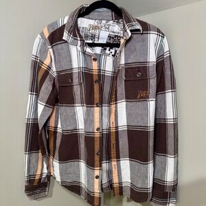 Kirra‎ Plaid Flannel Shirt Mens Medium Brown White Orange Long Sleeve Button Up